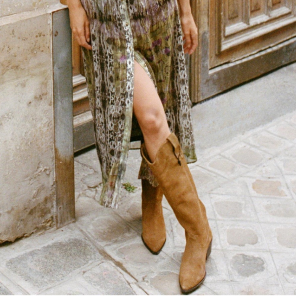 Zara sandy brown knee high split leather cowboy boots NWT